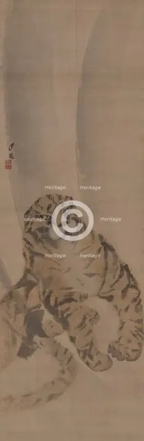 Part of a diptych depicting a quietly crouched tiger, 1820. Creator: Gessho; Cho (1772-1832).