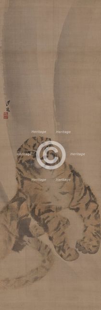 Part of a diptych depicting a quietly crouched tiger, 1820. Creator: Gessho; Cho (1772-1832).