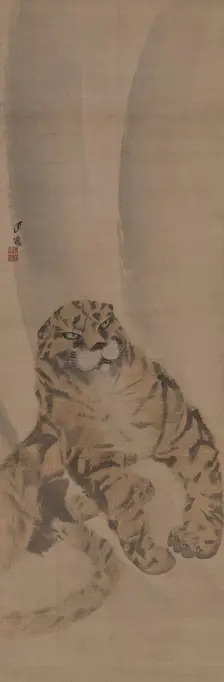 Part of a diptych depicting a quietly crouched tiger, 1820. Creator: Gessho; Cho (1772-1832)
