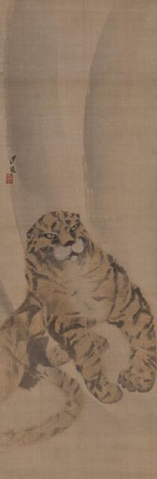 Part of a diptych depicting a quietly crouched tiger, 1820. Creator: Gessho; Cho (1772-1832)