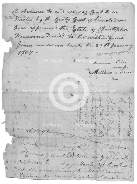 Part of a document listing slaves, animals, etc and values for each, 1807-01-29.  Creator: Unknown.