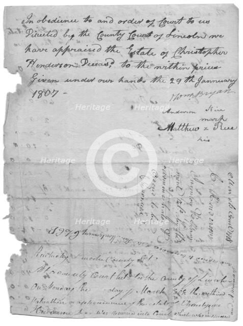 Part of a document listing slaves, animals, etc and values for each, 1807-01-29.  Creator: Unknown.