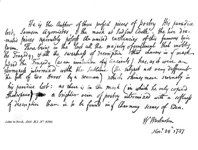 Part of a letter from Bishop Warburton, respecting the poems of Milton, 1737, (1840). Artist: William Warburton