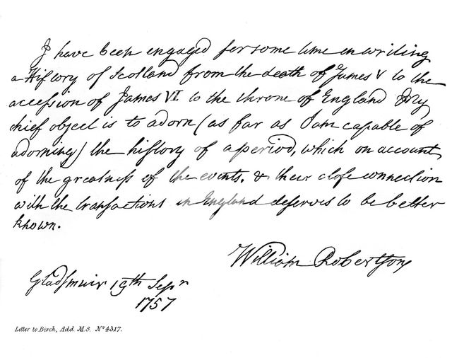 Part of a letter from Dr William Robertson concerning his History of Scotland, 1757, (1840).Artist: William Robertson