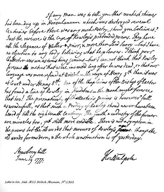 Part of a letter from Horace Walpole to the Reverend Mr Cole, 1777, (1840). Artist: Horace Walpole