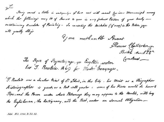 Part of a letter from Thomas Chatterton to Horace Walpole, late 18th century, (1840). Artist: Thomas Chatterton