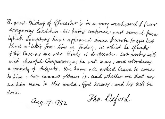Part of a letter from Thomas Secker, Bishop of Oxford, 17 August 1752, (1840). Artist: Thomas Secker