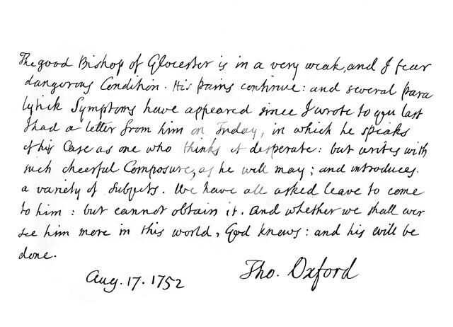 Part of a letter from Thomas Secker, Bishop of Oxford, 17 August 1752, (1840). Artist: Thomas Secker