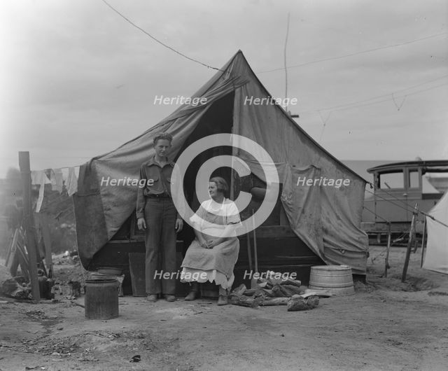 Part of migrant family of five encamped near Porterville, CA, 1936. Creator: Dorothea Lange.
