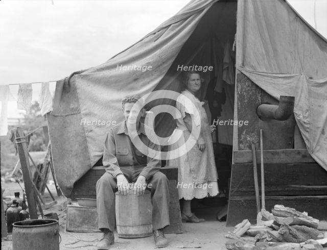 Part of migrant family of five, encamped near Porterville, California, 1936. Creator: Dorothea Lange.