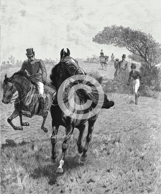 ''"Parted" or, The Lady and her skirt--A slight mishap in the Hunting Field', 1890. Creator: Unknown.