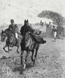 '"Parted" or, The Lady and her skirt--A slight mishap in the Hunting Field 1890. Creator: Unknown