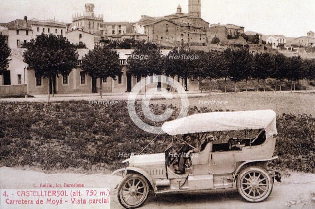 Partial view of Castellterçol (Barcelona), with a car on the road to Moià, postcard reproduction …