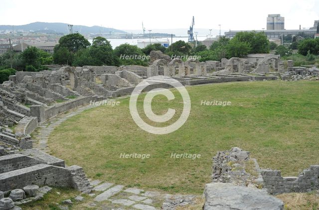 Partial view of the amphitheater ruins, ancient city of Salona, Solin, Croatia, 2018.  Creator: Unknown.