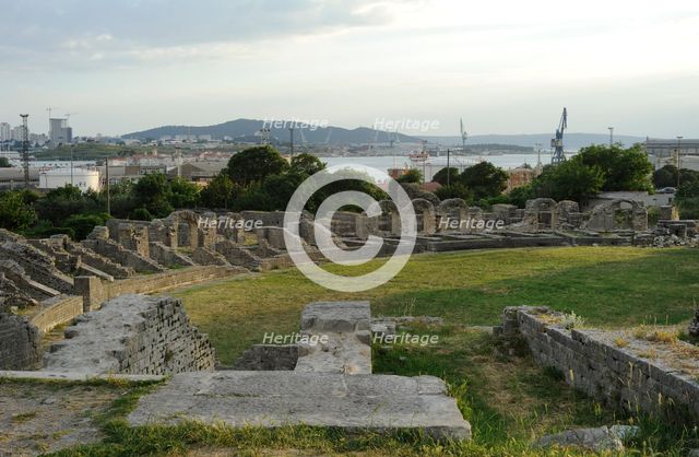 Partial view of the amphitheater ruins, ancient city of Salona, Solin, Croatia, 2018.  Creator: Unknown.