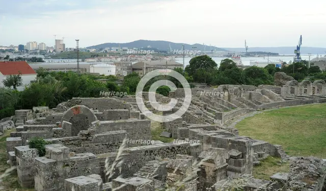 Partial view of the amphitheater ruins, ancient city of Salona, Solin, Croatia, 2018.  Creator: Unknown.
