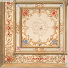 Partial design for a ceiling painted in strapwork and pine cone motifs, 19th century. Creators: Jules-Edmond-Charles Lachaise, Eugène-Pierre Gourdet