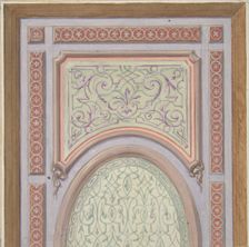 Partial design for the decoration of a ceiling with an oval panel at center, 1830-97. Creators: Jules-Edmond-Charles Lachaise, Eugène-Pierre Gourdet