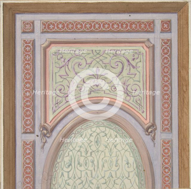 Partial design for the decoration of a ceiling with an oval panel at center, 1830-97. Creators: Jules-Edmond-Charles Lachaise, Eugène-Pierre Gourdet.