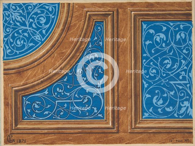 Partial design for wood paneling inlaid with painted panels, 1871. Creators: Jules-Edmond-Charles Lachaise, Eugène-Pierre Gourdet.