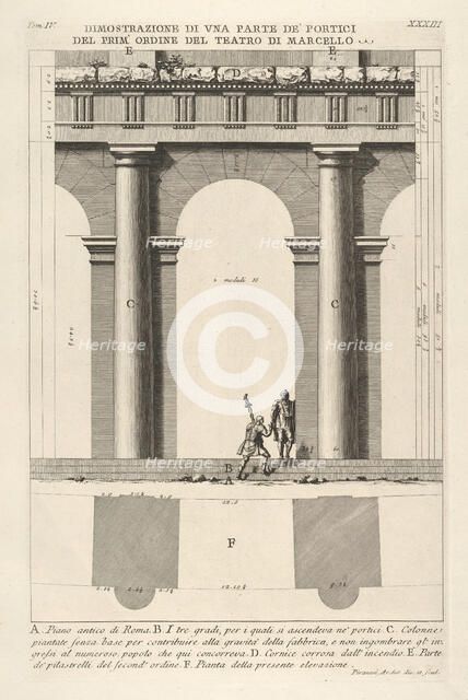 Partial elevation and plan of the first-order portico at the Theater of Marcellus (Dimostr..., 1756. Creator: Giovanni Battista Piranesi.