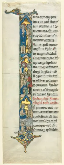 Partial Leaf from a Latin Bible: Initial I[n principio] with the Marriage at Cana, c. 1260-1270. Creator: Unknown