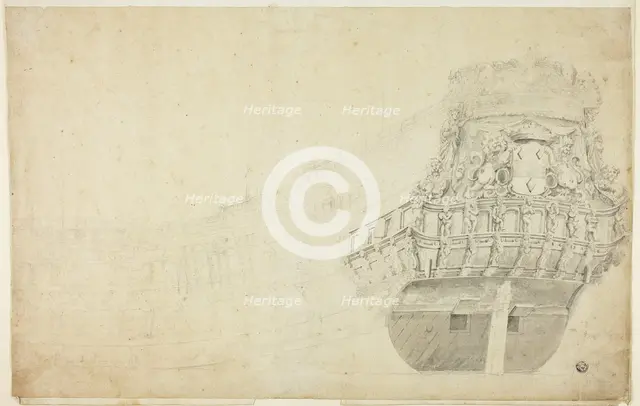 Partial Sketch of a Dutch Vessel Seen from Port Quarter, n.d. Creators: Willem van de Velde I, Willem van de Velde the Younger.