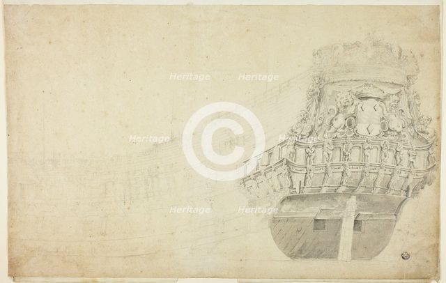 Partial Sketch of a Dutch Vessel Seen from Port Quarter, n.d. Creators: Willem van de Velde I, Willem van de Velde the Younger.