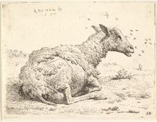 Partially shorn sheep lying in the grass with insects hovering around its head, 1655. Creator: Karel Du Jardin