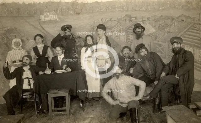Participants in an amateur performance at the Znamensky Glass Factory, 1915. Creator: S. Ia. Mamontov.