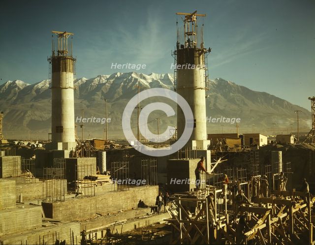 Partly finished open hearth furnaces and stacks for a..., Columbia Steel Co., Geneva, Utah, 1942. Creator: Andreas Feininger.