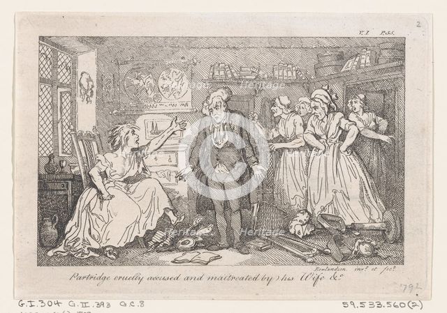 Partridge cruelly accused and maltreated by his Wife, from "The History of Tom Jones, a Fo..., 1792. Creator: Thomas Rowlandson.
