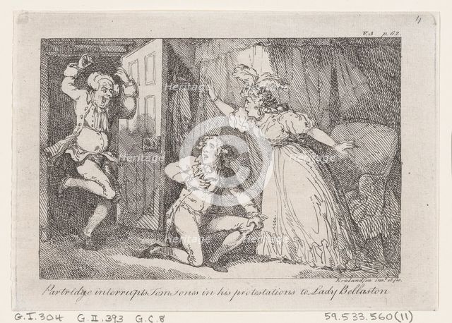 Partridge Interrupts Tom Jones in his Protestations to Lady Bellaston, from "The History o..., 1792. Creator: Thomas Rowlandson.