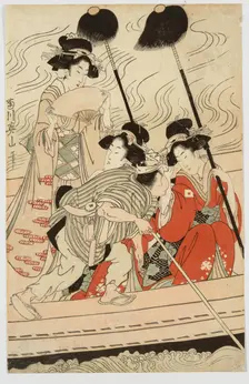 Party of geisha and courtesans with young attendants (kamuro) in a ferry boat. A sheet of... 1810s. Creator: Kikukawa Eizan