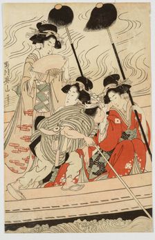 Party of geisha and courtesans with young attendants (kamuro) in a ferry boat. A sheet of... 1810s. Creator: Kikukawa Eizan