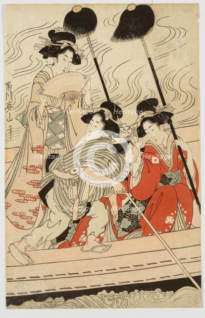 Party of geisha and courtesans with young attendants (kamuro) in a ferry boat. A sheet of... 1810s. Creator: Kikukawa Eizan.
