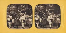 Party scene with people in costumes, 1860s. Creator: E Lamy