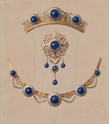 Parure of diadem, brooch and necklace with lapis lazuli and enamel, ca. 1830-70. Creator: Alexis Falize