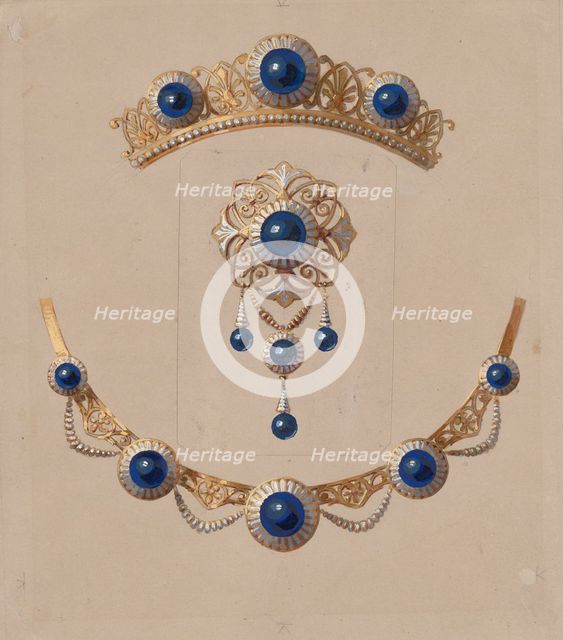 Parure of diadem, brooch and necklace with lapis lazuli and enamel, ca. 1830-70. Creator: Alexis Falize.