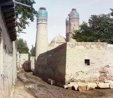 Passageway and three minarets topped with birds nests, between 1905 and 1915. Creator: Sergey Mikhaylovich Prokudin-Gorsky