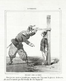 Passant sous la toise: Mon garçon, on ne se grandit pas comme cela! Fais moi le plaisir...,1864. Creator: Cham