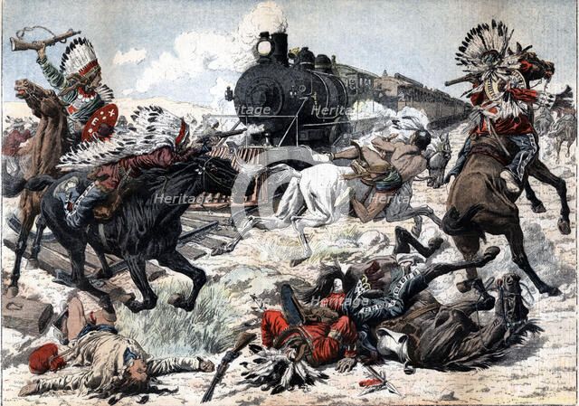 Passengers train, attacked by a tribe of Red Indians in Arizona, drawing published in the Petit J…