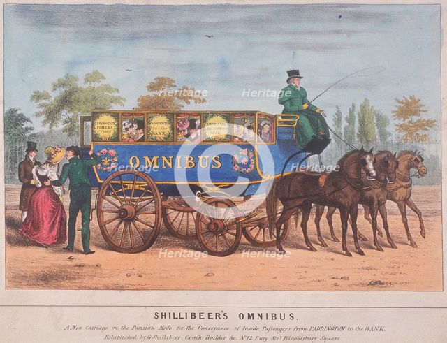 Passengers using Shillibeer's omnibus, London, 1829. Artist: Anon
