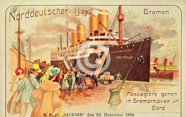Passengers board the giant SS 'Kaiser Wilhelm II' in Bremerhaven, 1905. Creator: Unknown.