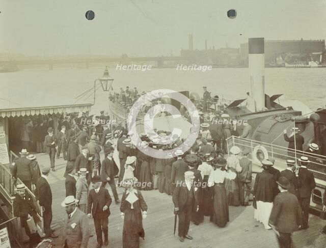 Passengers boarding the London Steamboat Service, River Thames, London, 1905. Artist: Unknown.