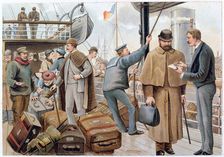 Passengers joining a P&O liner in the Thames, c1890. Artist: P&O Pencillings