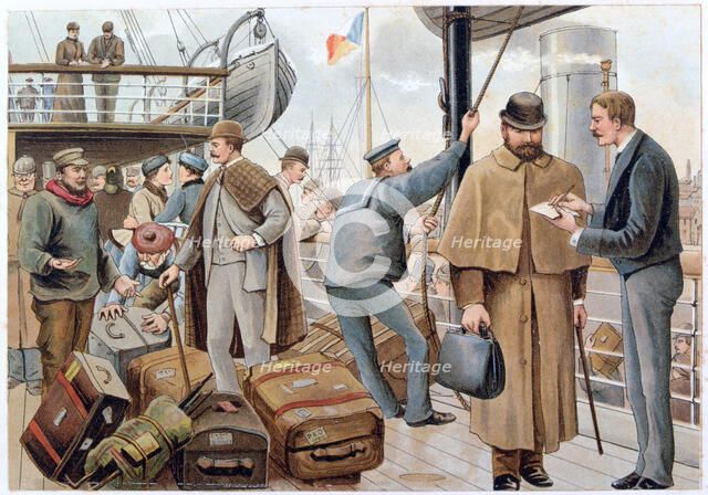 Passengers joining a P&O liner in the Thames, c1890.  Artist: P&O Pencillings