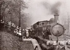Passengers queuing for a steam rain at Rowntree's halt, York, Yorkshire, 1934