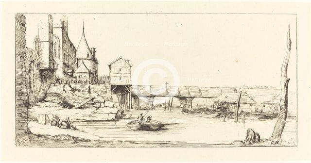 Passerelle du Pont-au-Change, Paris, après l'Incendie de 1621 (Footbridge...), 1860. Creator: Charles Meryon.