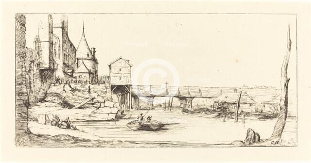 Passerelle du Pont-au-Change, Paris, après l'Incendie de 1621 (Footbridge...), 1860. Creator: Charles Meryon.